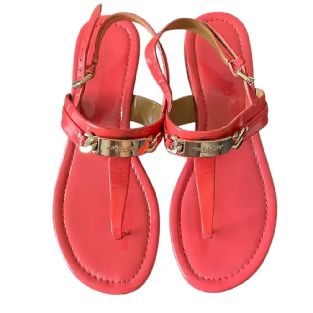 Coach CATERINE Thong Sandals – Coral Patent Gold Hardware Sz 7.5